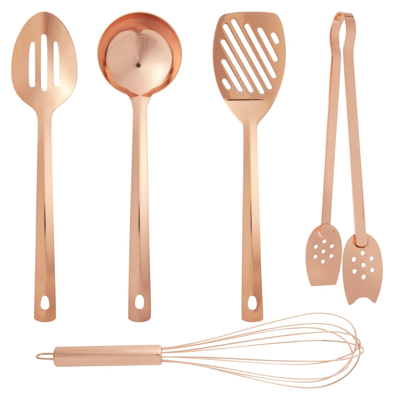 5 Pcs Copper Cooking Utensils Set, Rose Gold Cookware with Ladle, Whisk, Tongs, Slotted Spatula, Spoon, Copper Kitchen Tool Set, Cooking Accessories and Serving Utensils